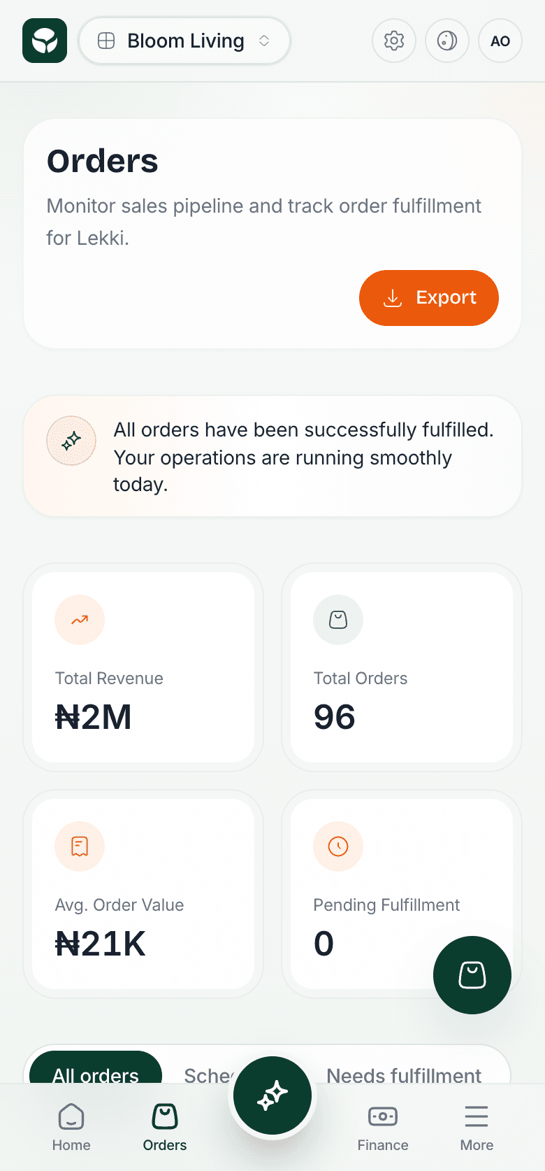 Orders on a phone, with revenue and order counts